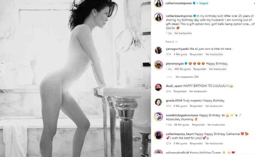 El increíble desnudo de Catherine Zeta-Jones para felicitar a Michael Douglas que arrasa en redes