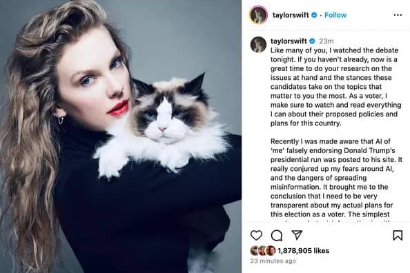 Tras debate, Taylor Swift anuncia que votará a favor de Kamala Harris