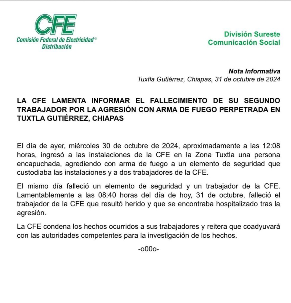 Cierra saldo de CFE con tres fallecidos