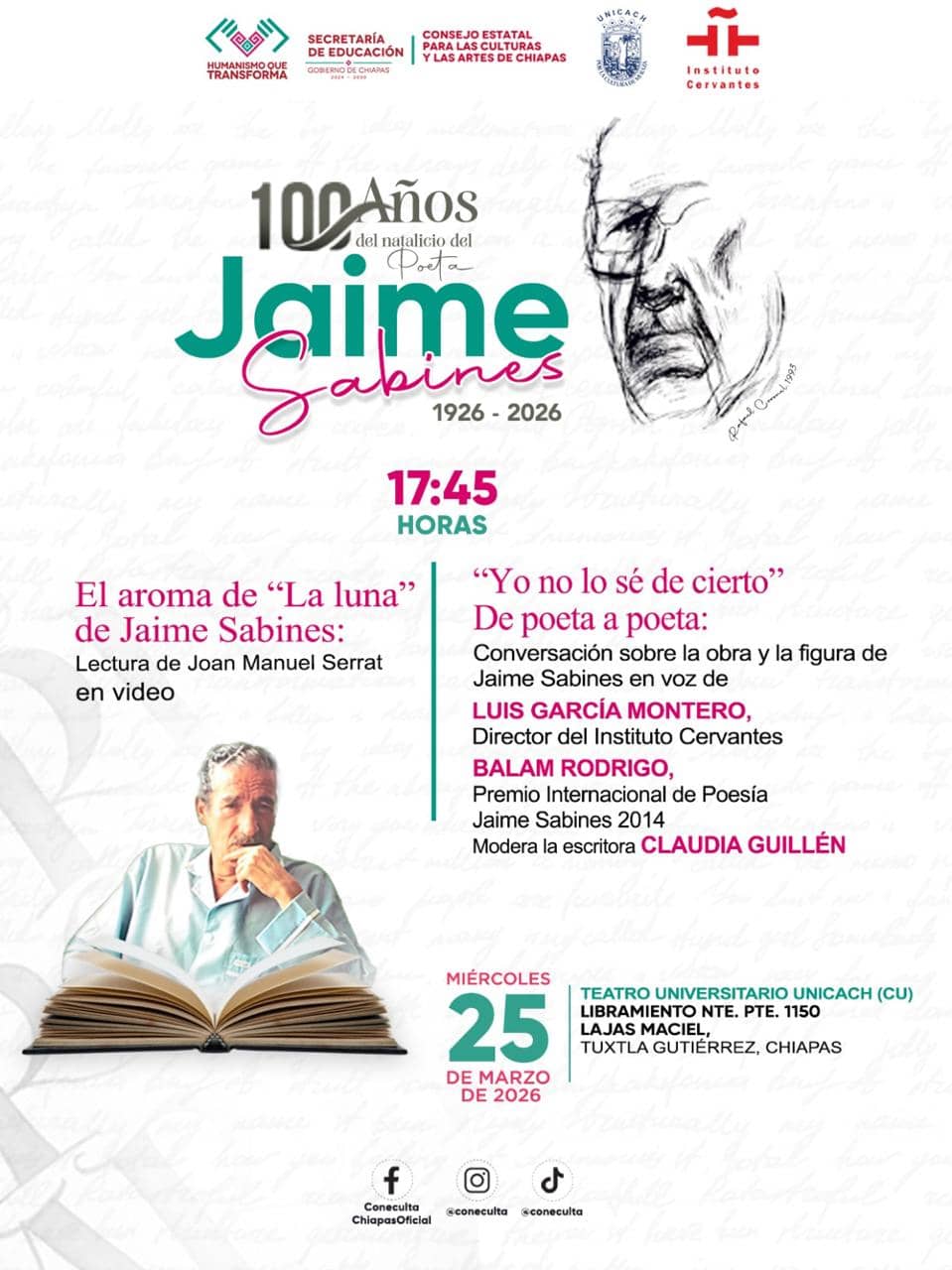 Coneculta conmemorará el centenario del natalicio del poeta Jaime Sabines Gutiérrez