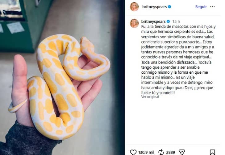 Britney Spears sostiene una serpiente en Instagram y dice estar en un “viaje espiritual”