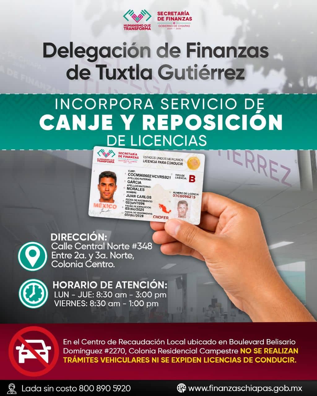 Delegación de Finanzas de Tuxtla Gutiérrez incorpora servicio de canje y reposición de licencias