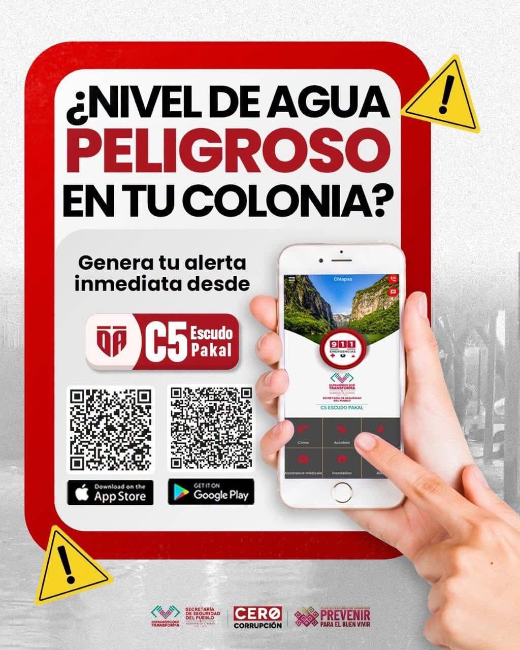 Exhorta SSP a la ciudadanía a reportar niveles de agua peligrosos a través de la App C5 Escudo Pakal